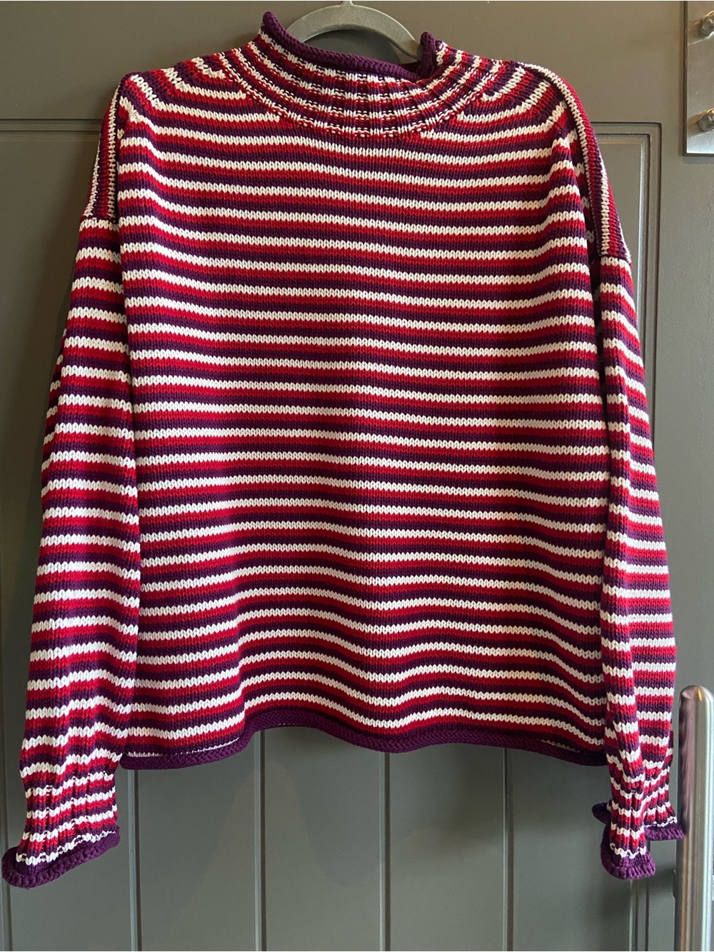 Striped J Crew Rollneck Women’s Sweater in Burgundy and White